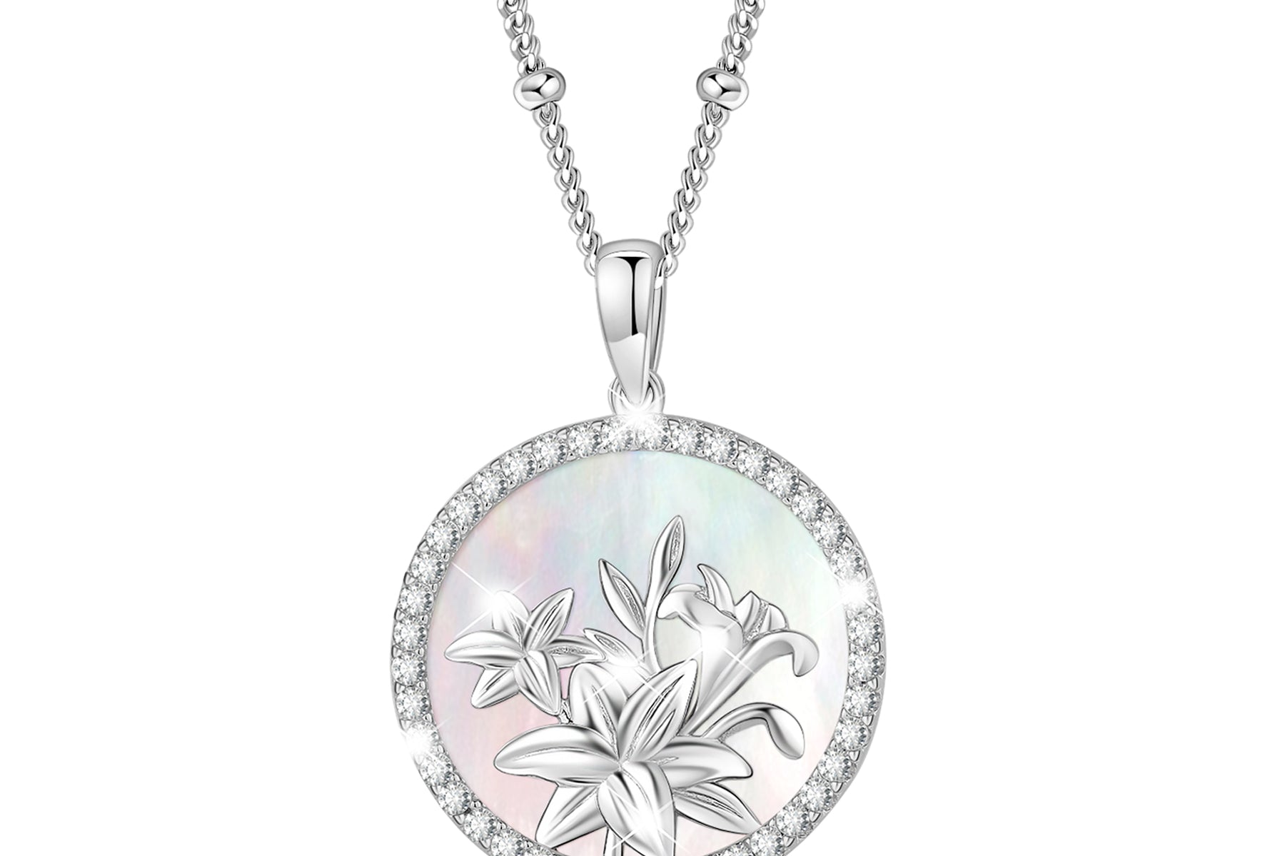 Agvana Birth Flower Pearl CZ Round Disc Halo Sterling Silver Pendant Necklace