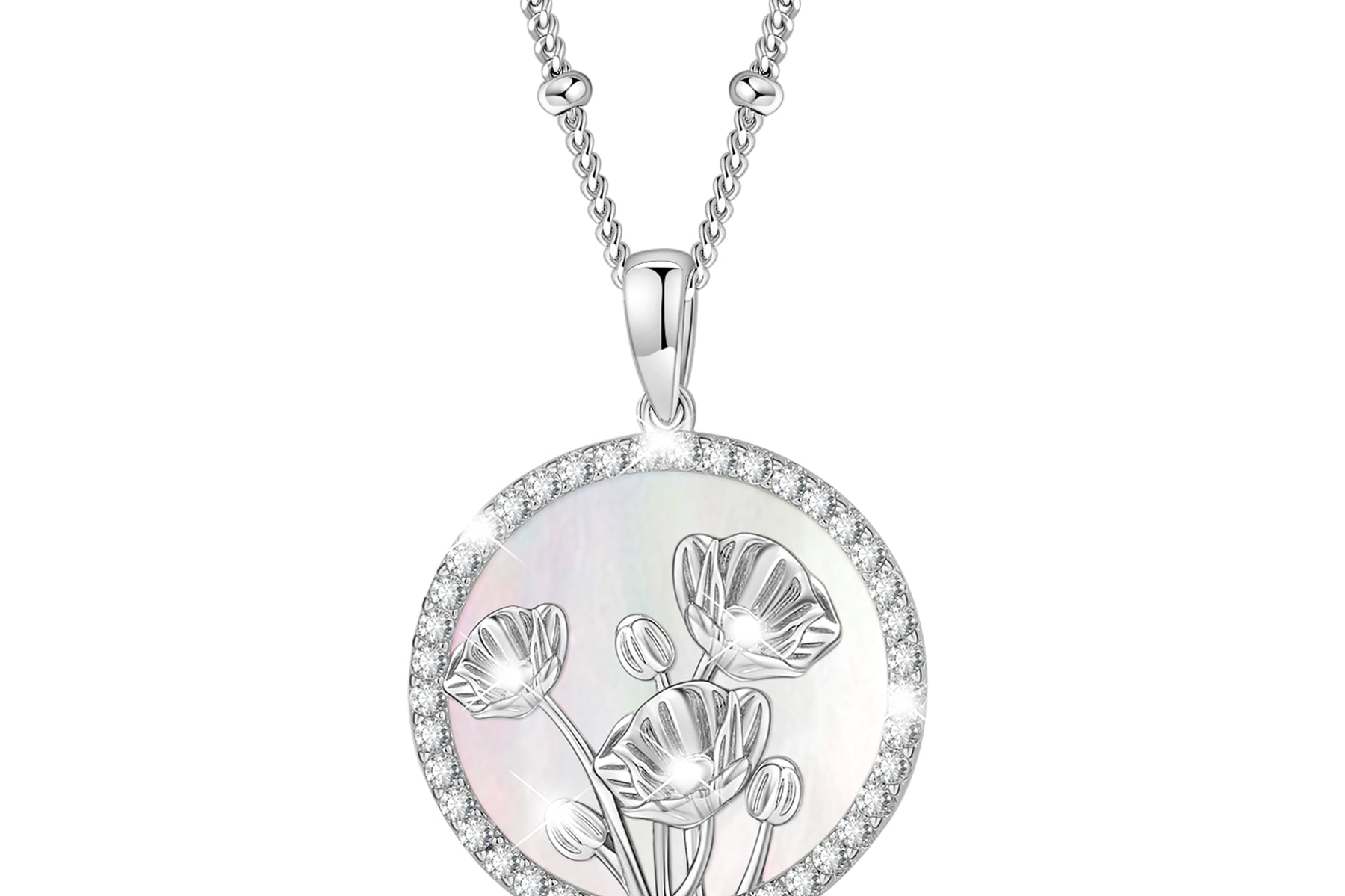 Agvana Birth Flower Pearl CZ Round Disc Halo Sterling Silver Pendant Necklace