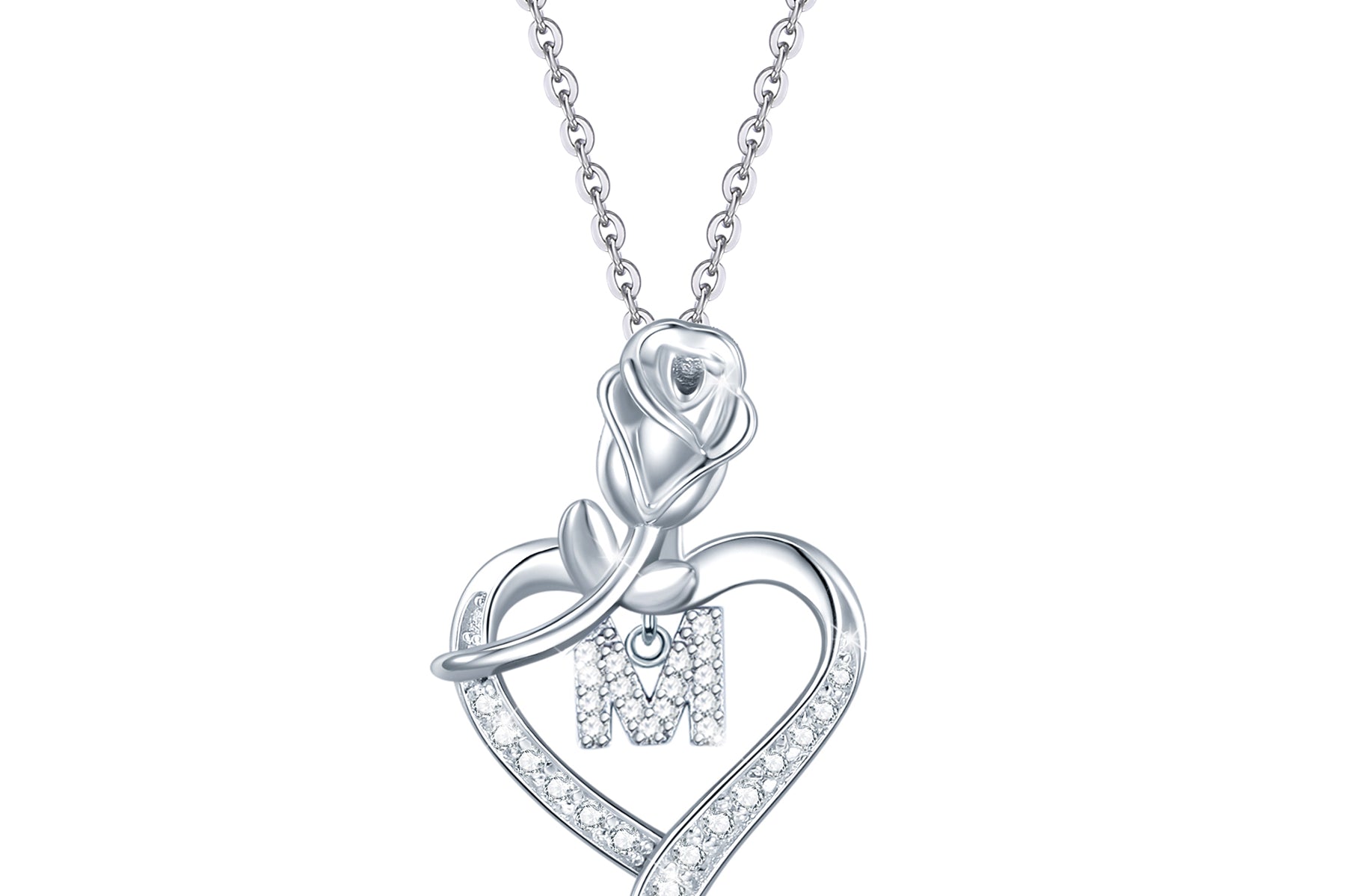 Agvana Initial Rose Flower Heart Letter Sterling Silver Pendant Necklace