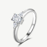 Three Stone Emerald Cut Lab Grown Diamond Engagement Ring in Sterling Silver