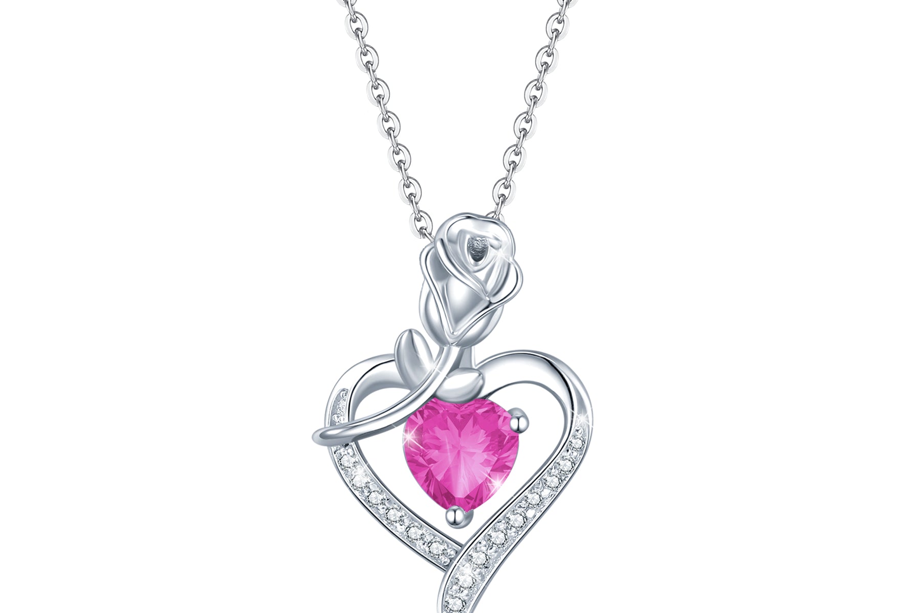 Agvana "Rosy Reverie" Rose & Heart Birthstone Gemstone Sterling Silver Necklace