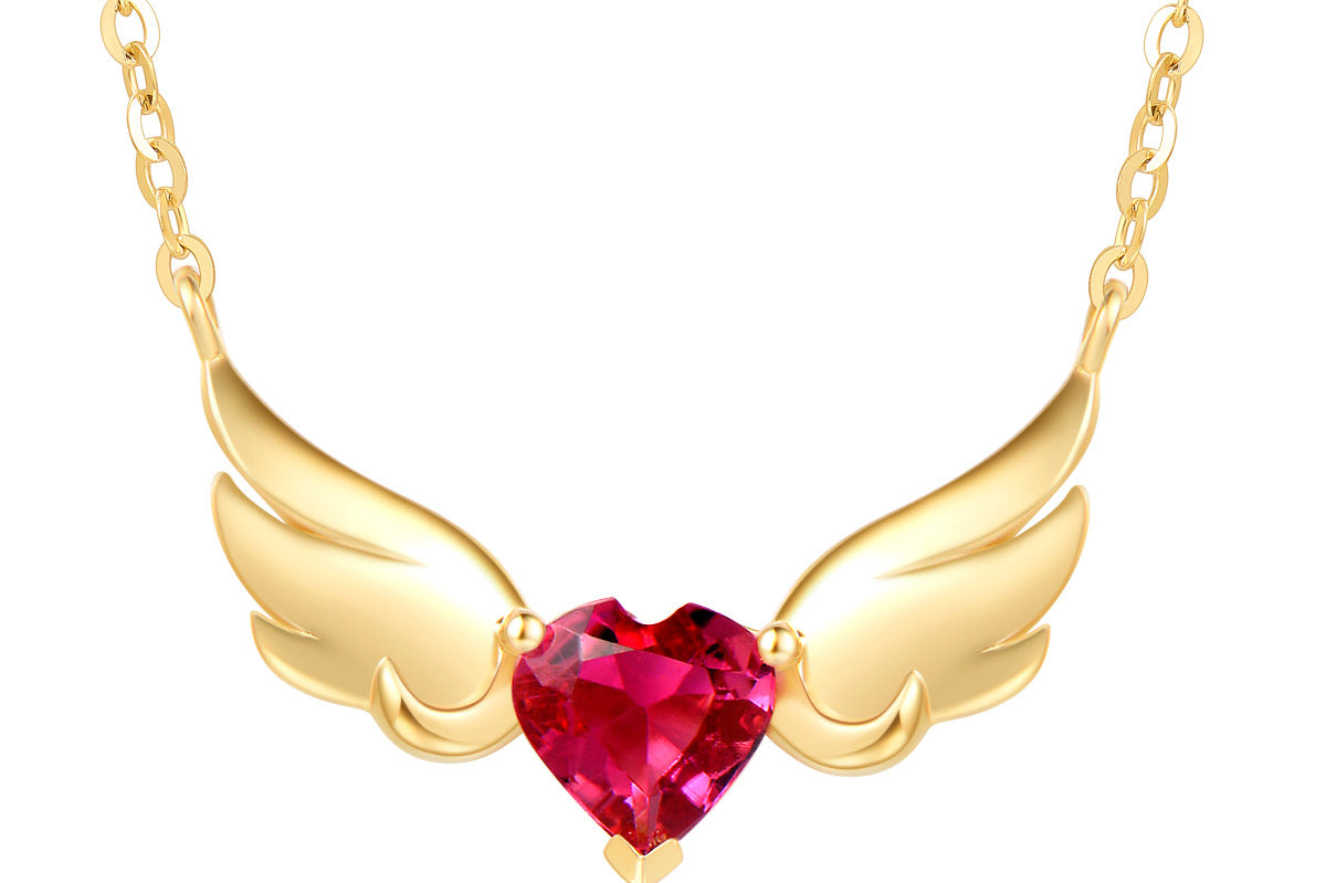 Agvana Natural Garnet Dainty Angel Wings Heart 14K Yellow Gold Necklace
