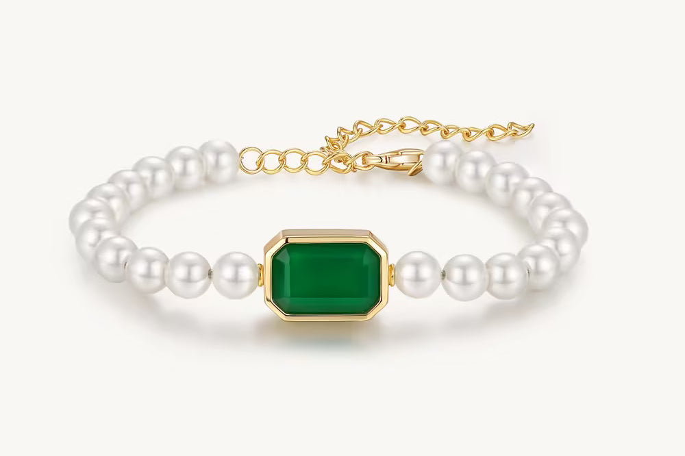 Green Gemstone Pearl Beaded Bracelet For Women Image丨Agvana Jewelry