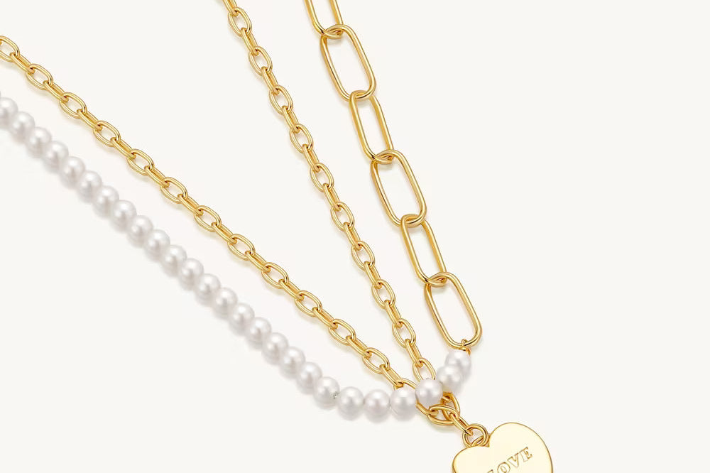 Pearl Double Chain Love Charm Necklace For Women Image丨Agvana Jewelry