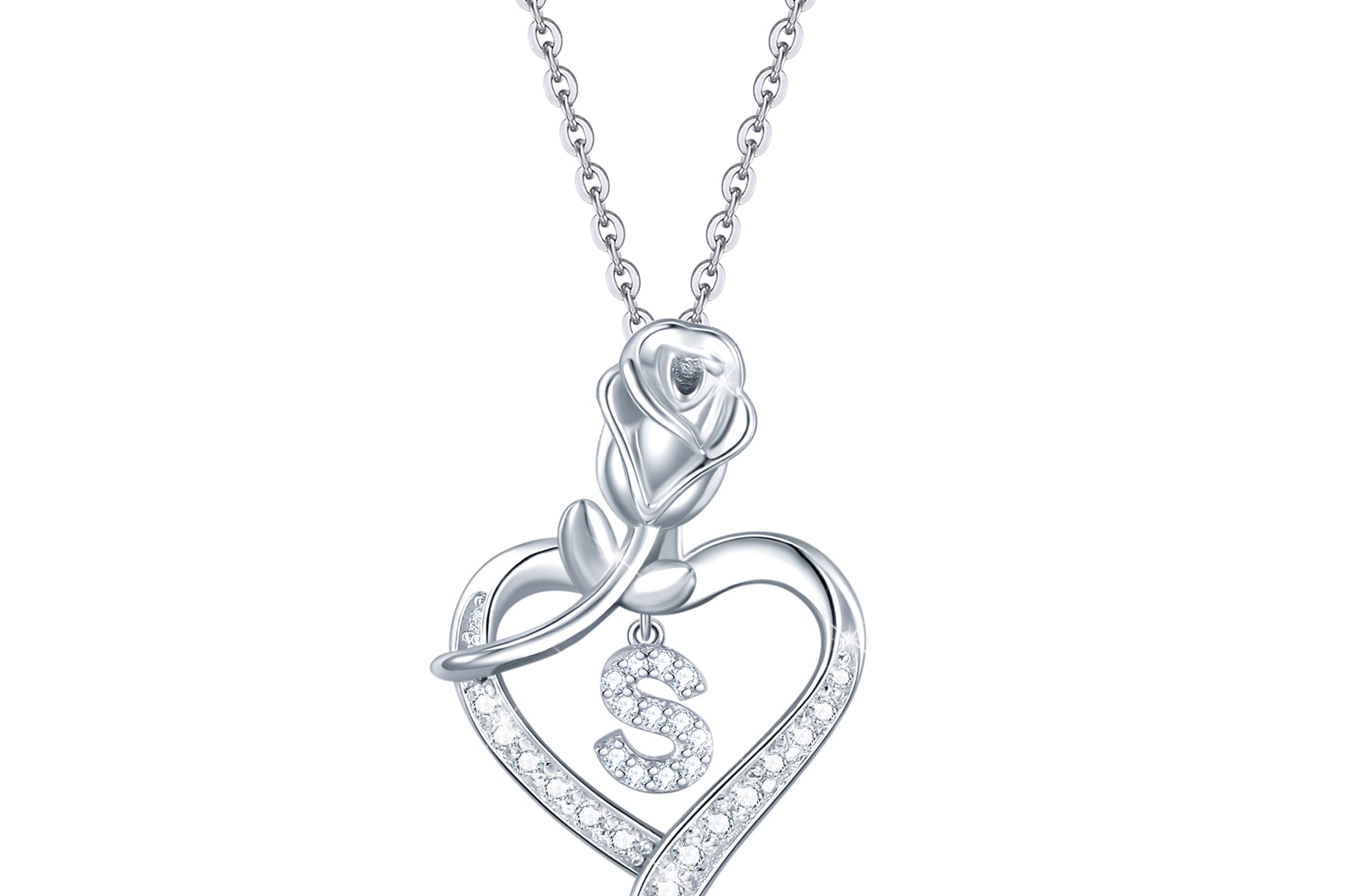 Agvana Initial Rose Flower Heart Letter Sterling Silver Pendant Necklace