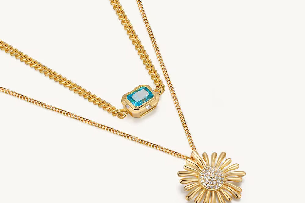 Sun Flower Two Layer Chain Necklace For Women Image丨Agvana Jewelry