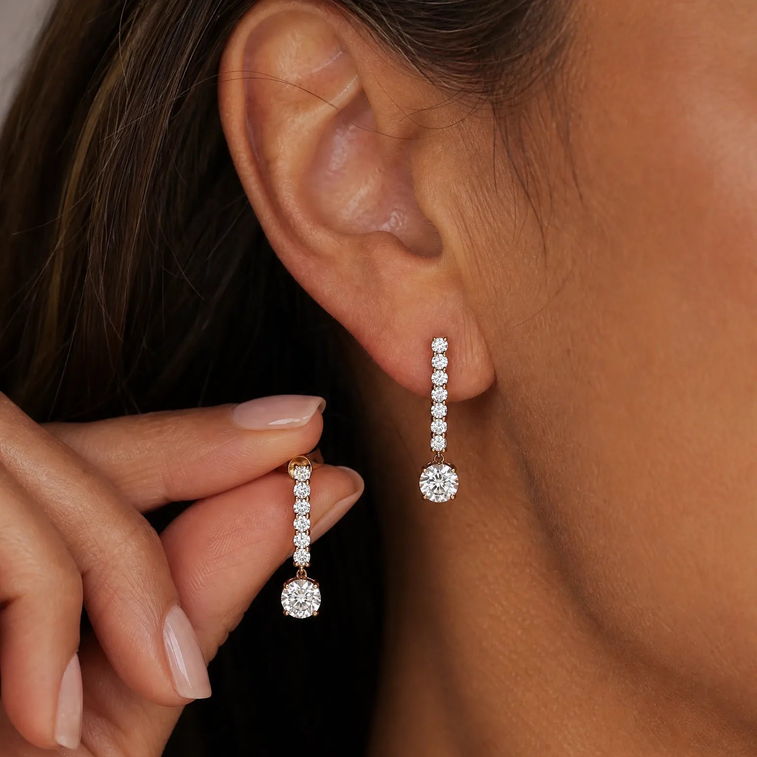 "Drop of Light" Dangling Bar Lab Grown Diamond Post Earrings in 14K Solid Gold
