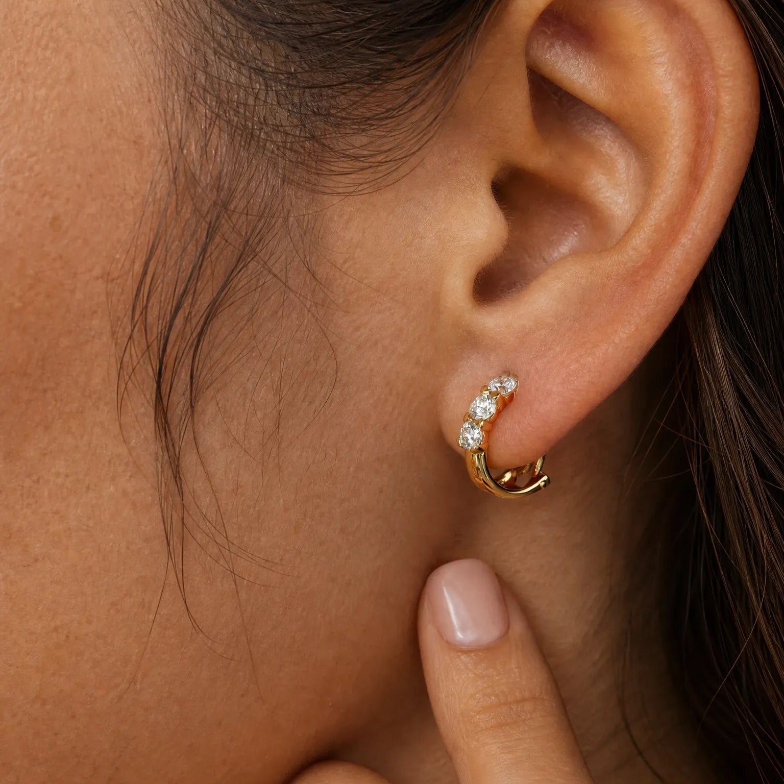"Trio of Light" Leverback Hoop Earrings With Lab Grown Diamond in 14K Solid Gold