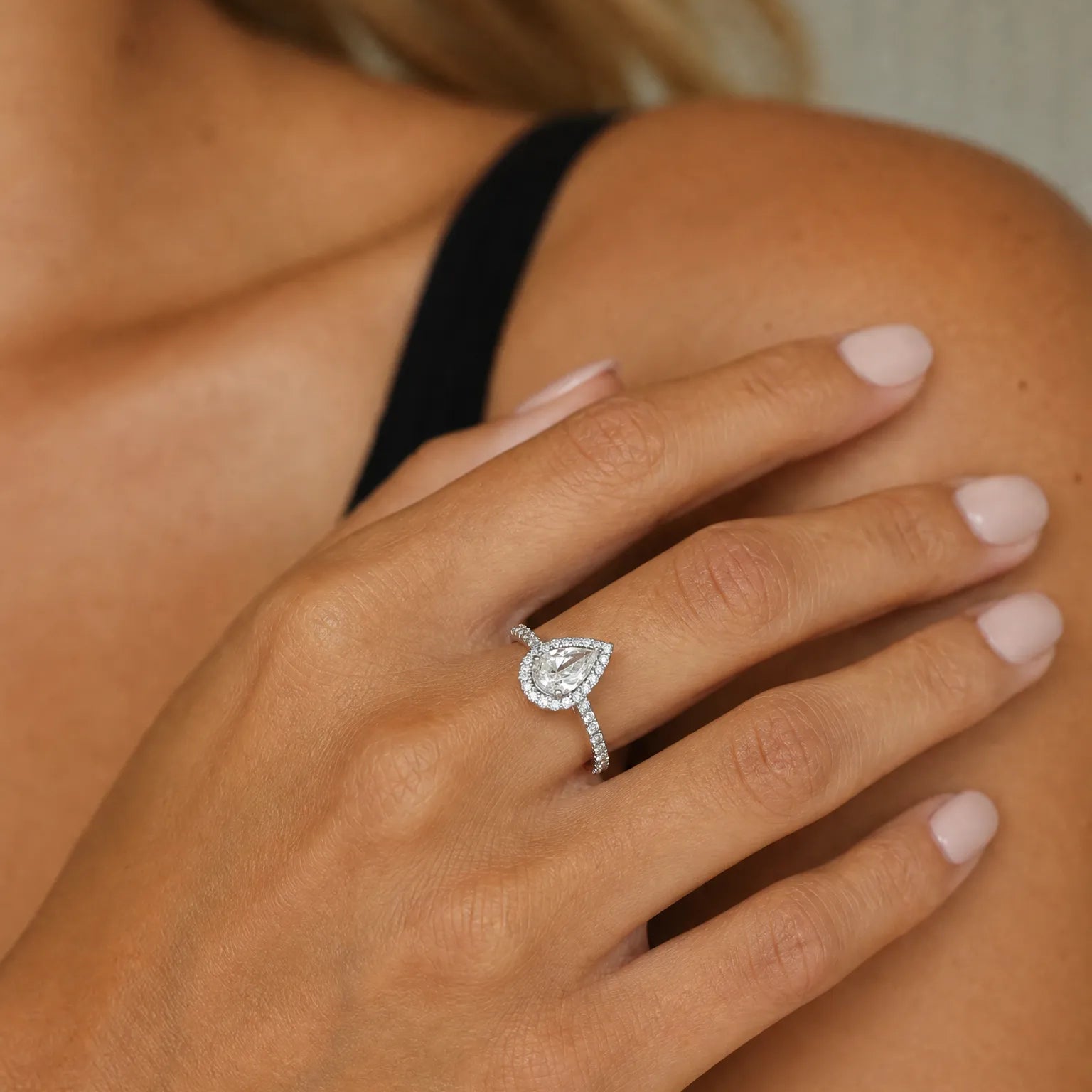 "Timeless Accord" Halo Pear Shape Diamond Engagement Ring in 14K Solid Gold