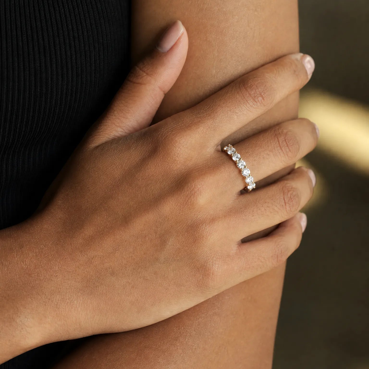 "Timeless Spark" Seven Diamond Stones Half Eternity Wedding Band Ring in 14K Yellow Gold