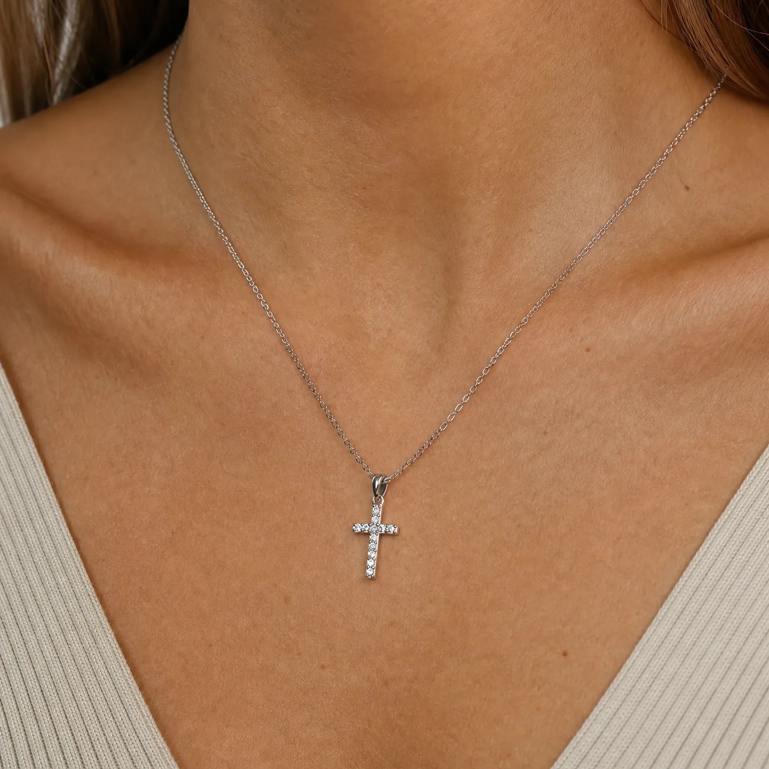 "Sleek Serenity" Paved Diamond Cross Pendant Necklace