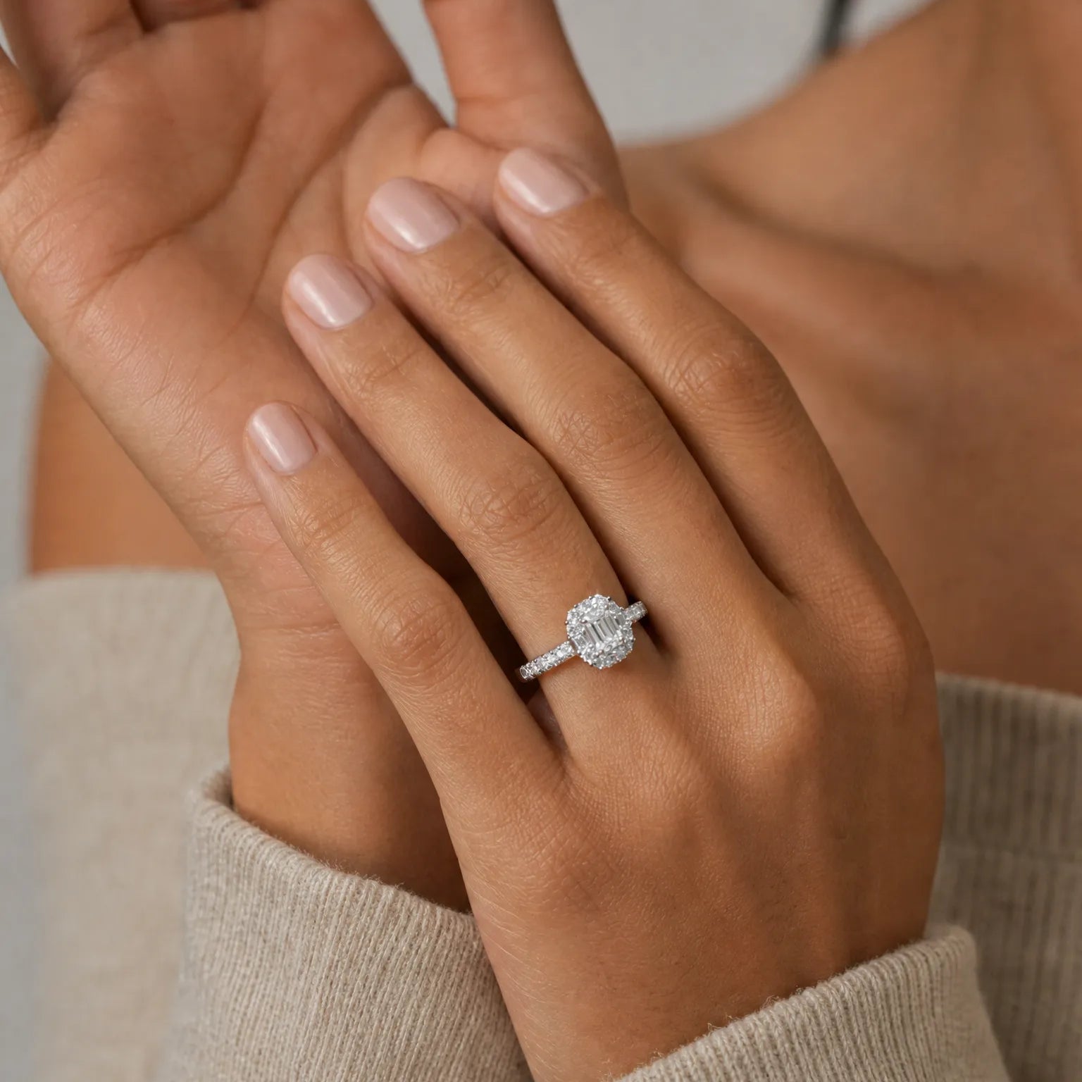 "Boundless Devotion" Emerald Cut Halo Engagement Promise Ring In Sterling Silver