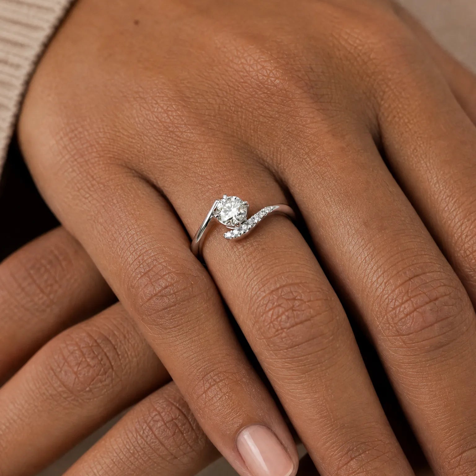 "Radiant Embrace" Ribbon Design Engagement Promise Ring in Sterling Silver