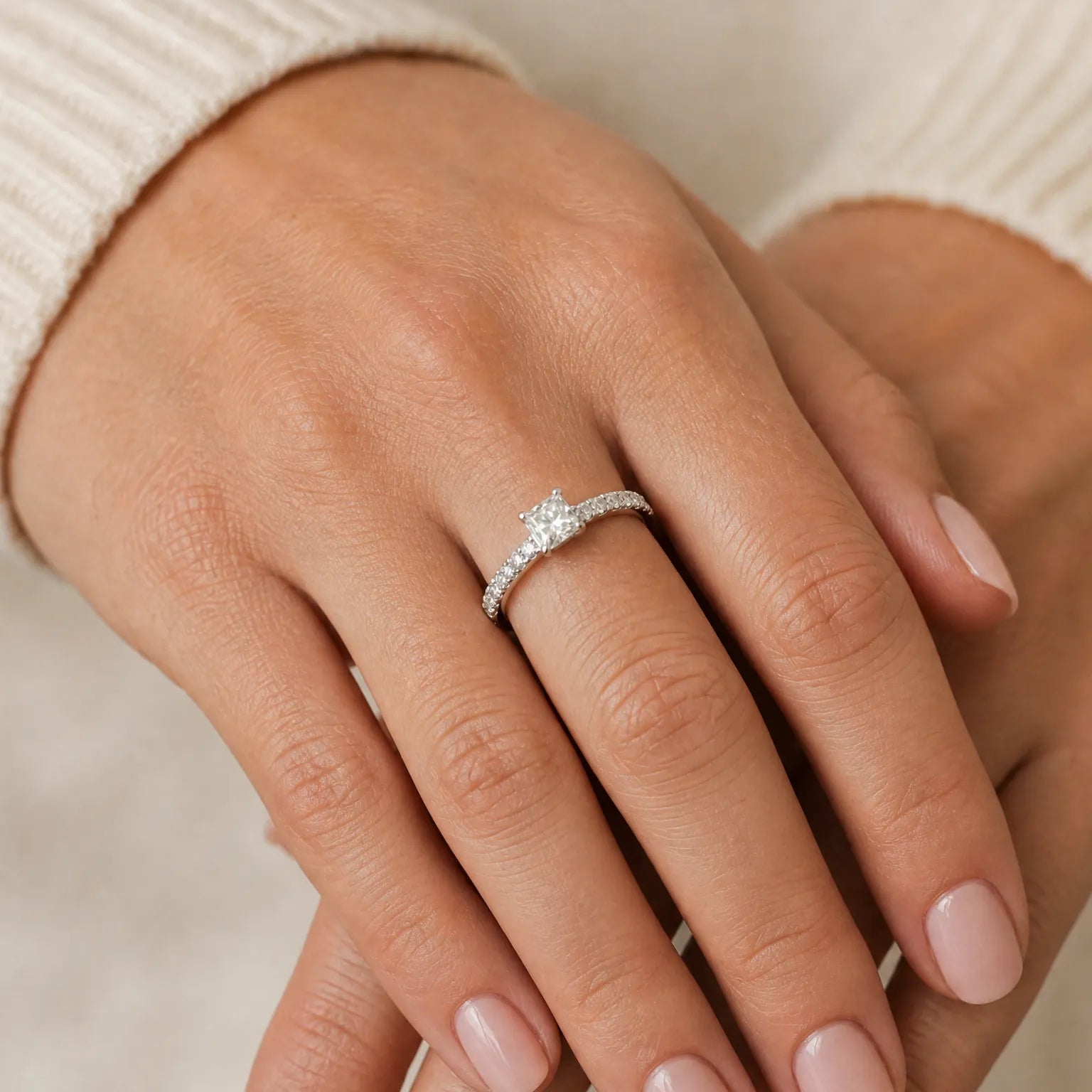 "Radiant Muse" Princess Cut Diamond Engagement Promise Ring in Sterling Silver