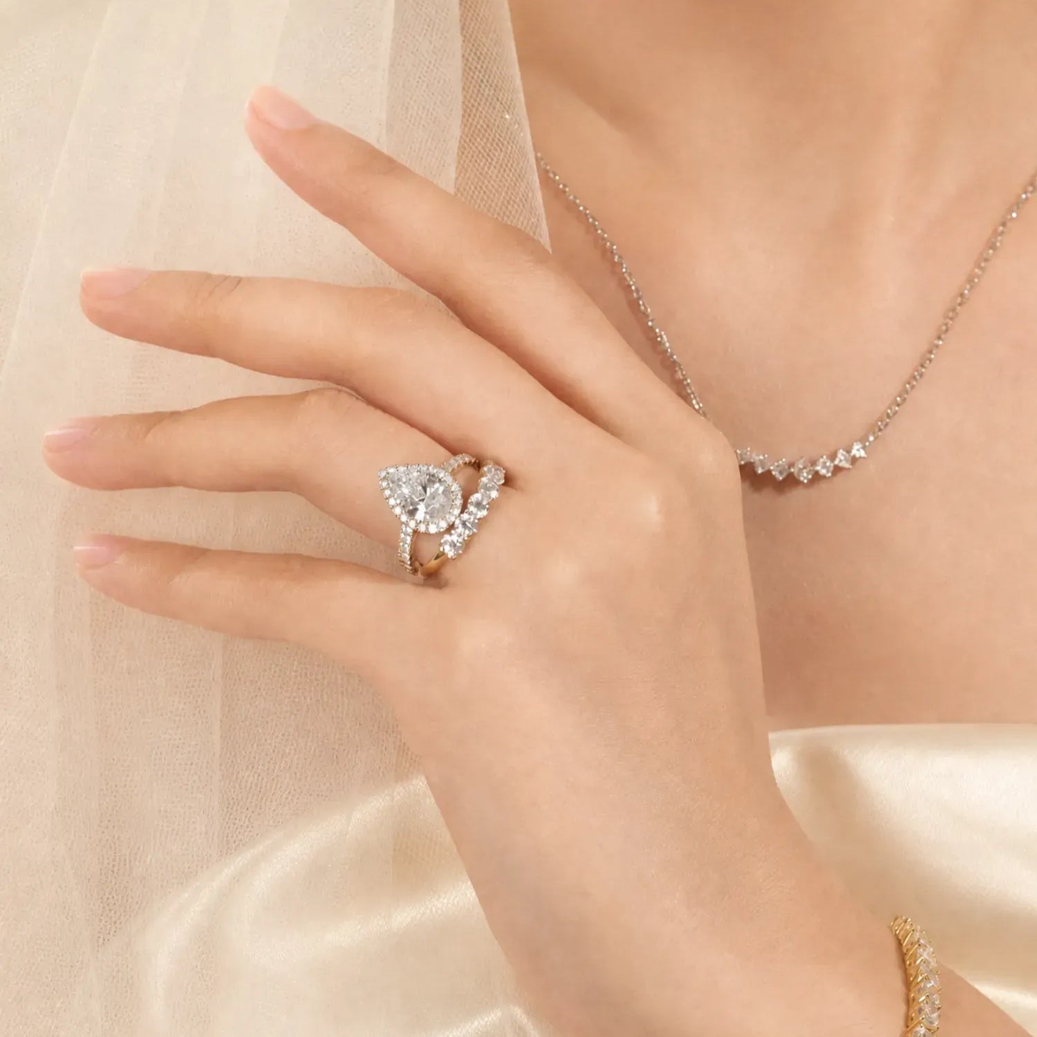 "Timeless Accord" Pear Cut Halo Lab Grown Diamond Engagement Ring in 14K Gold