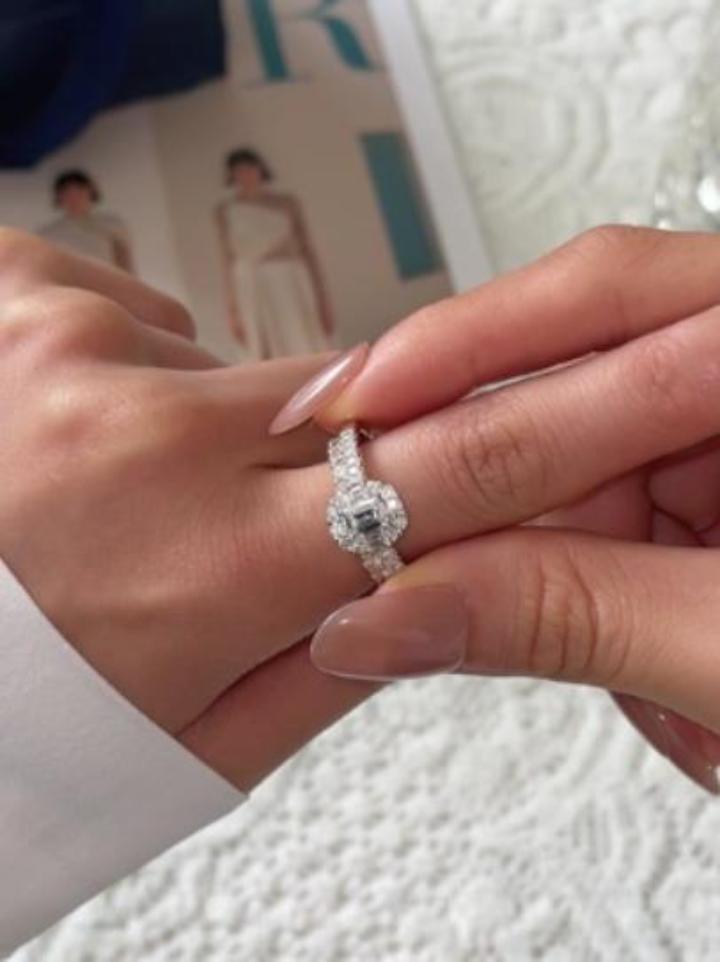 Agvana emerald cut halo promise ring with band