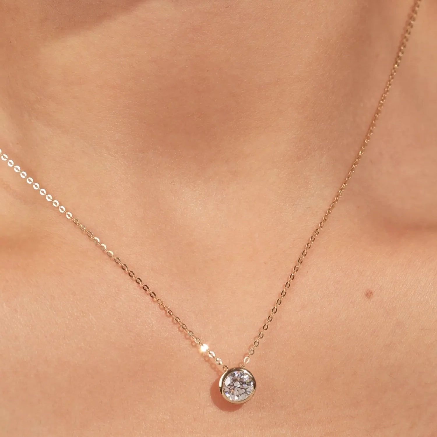 "Ray of Light" Bezel Setting Round Lab Grown Diamond Pendant Necklace in 14K Solid Gold